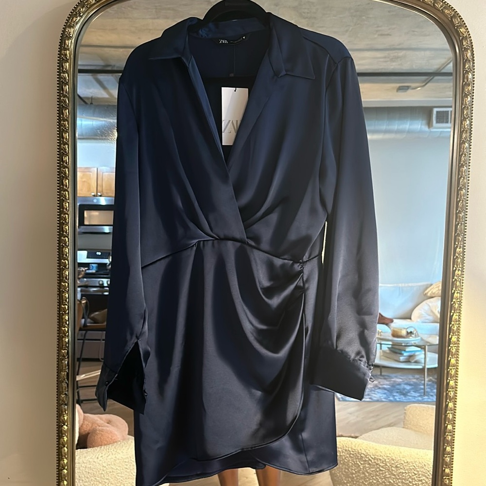 Zara Navy Wrap-Style Satin Dress